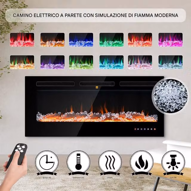 Camino Elettrico a Incasso Riscaldante Parete Fiamma Regolabile Telecomando 105cm