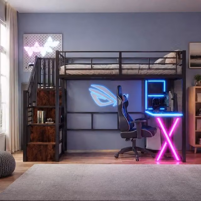 Letto a soppalco 90x200 cm con luci LED, scrivania e armadio