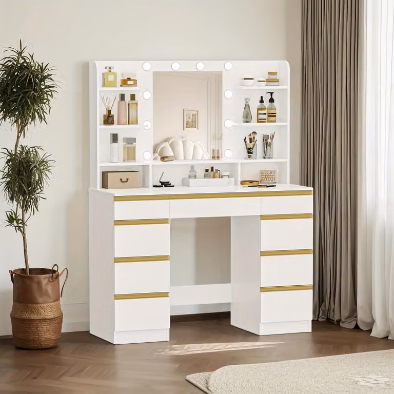 Tavolino da trucco - Specchiera - Cassettiera per gioielli - Tavolino per la bellezza - Bianco - Illuminazione LED con 3 colori