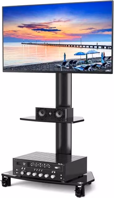 Polo TV per schermo da 27 a 65 pollici - Incluso piano per laptop - Altezza regolabile - Nero - MAX 50KG VESA 400x400 mm stazione TV trasportabile