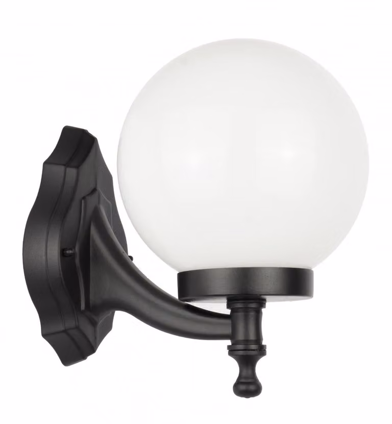 Lampada da parete per esterno, forma sferica, bianca o fumé, diametro 20 cm, 1 attacco E27, colore nero, grado di protezione IP43, modello SU-MA KULE K 3012/1/K 200