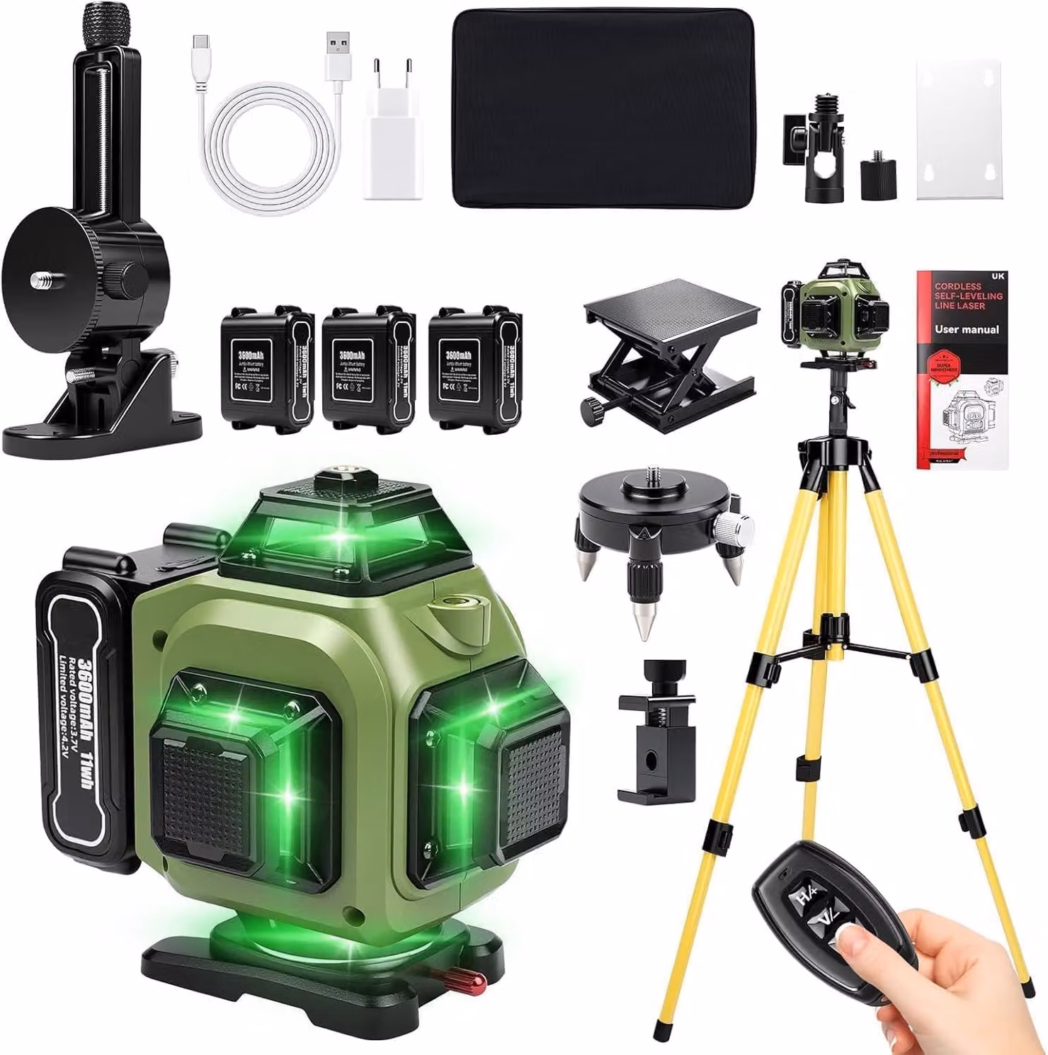 Livella laser a croce, autonivelante, con 16 linee, raggio verde, portata di 30 metri, con treppiede telescopico