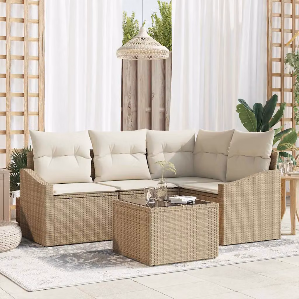 Set Divano da Giardino vidaXL 5 Pezzi in Polyrattan Beige con Cuscini e Tavolino da Esterno