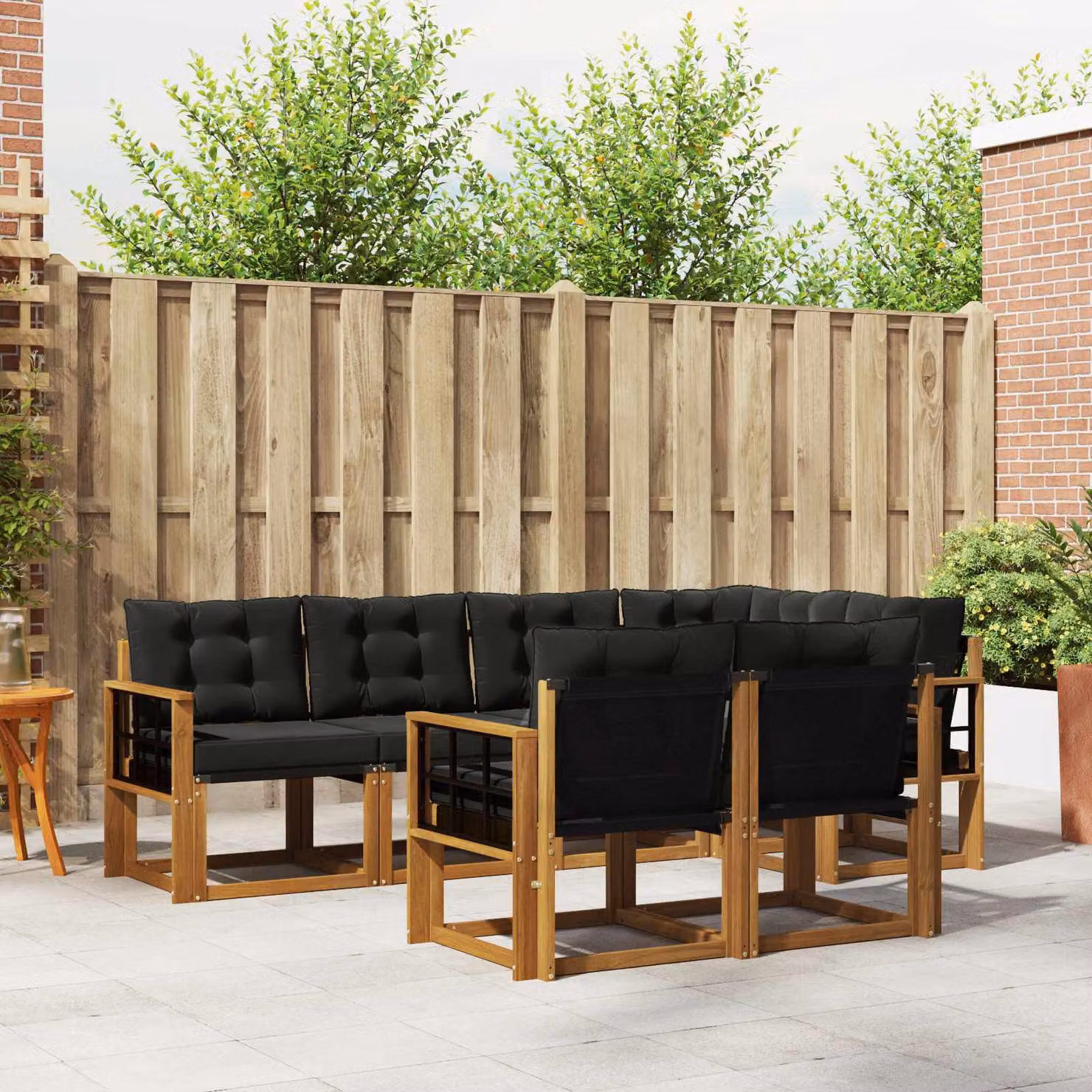 Set di divani da esterno vidaXL 7 pz in legno di acacia e textilene, colore marrone e nero, design moderno a L con cuscini inclusi