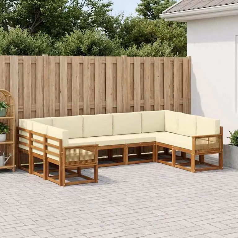 vidaXL Set di divani da esterno a forma di U in legno di acacia con cuscini, beige e bianco, 9 pezzi