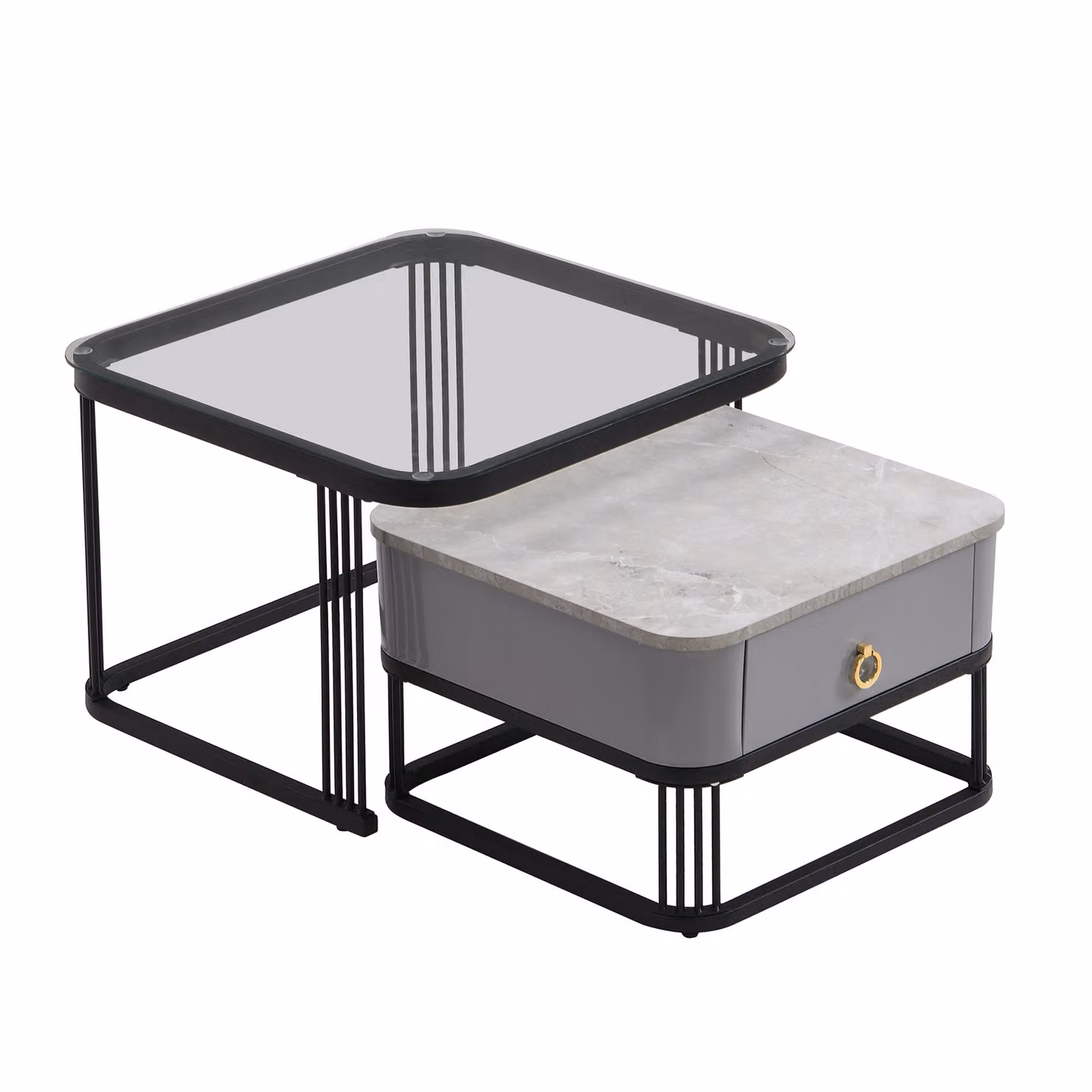 Set di 2 Tavolini da Salotto Impilabili GL Store con Piano in Marmo Lucido e Vetro, Struttura in Metallo, Nero, L/P/H: 60 x 60 x 42 cm e 50 x 50 x 34 cm – 2
