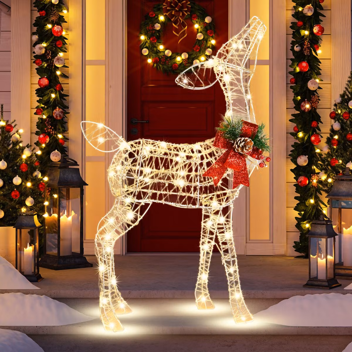 Costway Renna Illuminata decorazione piccola per giardino con 50 luci LED e 4 picchetti figure di natale luminosi, Renna di natale pre-illuminata Bianco
