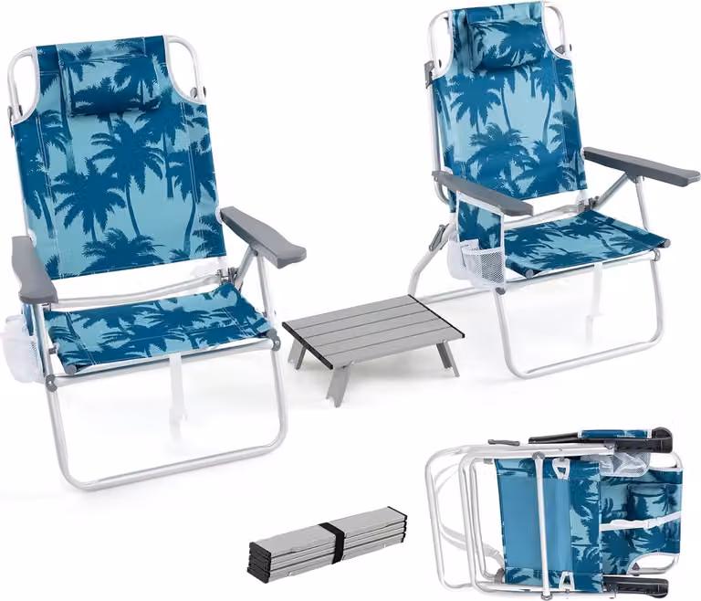 Sedie da spiaggia pieghevoli KOMFOTTEU con tavolino, sedie da campeggio con poggiatesta e schienale regolabile, sedia da spiaggia con sacca termica, portabevande e borsa portaoggetti, fino a 136/150 kg (Modello 2, blu)