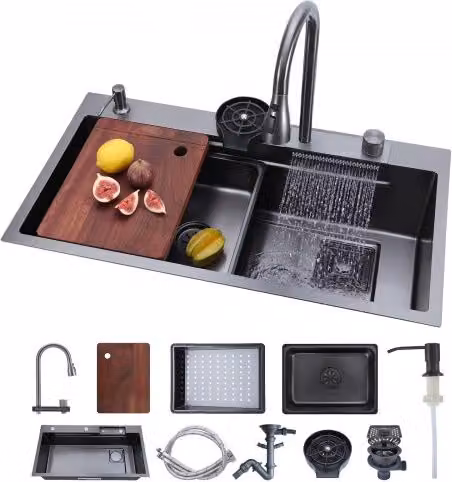 Lavello da Incasso VEVOR in Acciaio Inox con Rubinetto a Cascata e Gradino Integrato, L 85 cm x P 46 cm x H 23,6 cm, Colore Argento o Nero