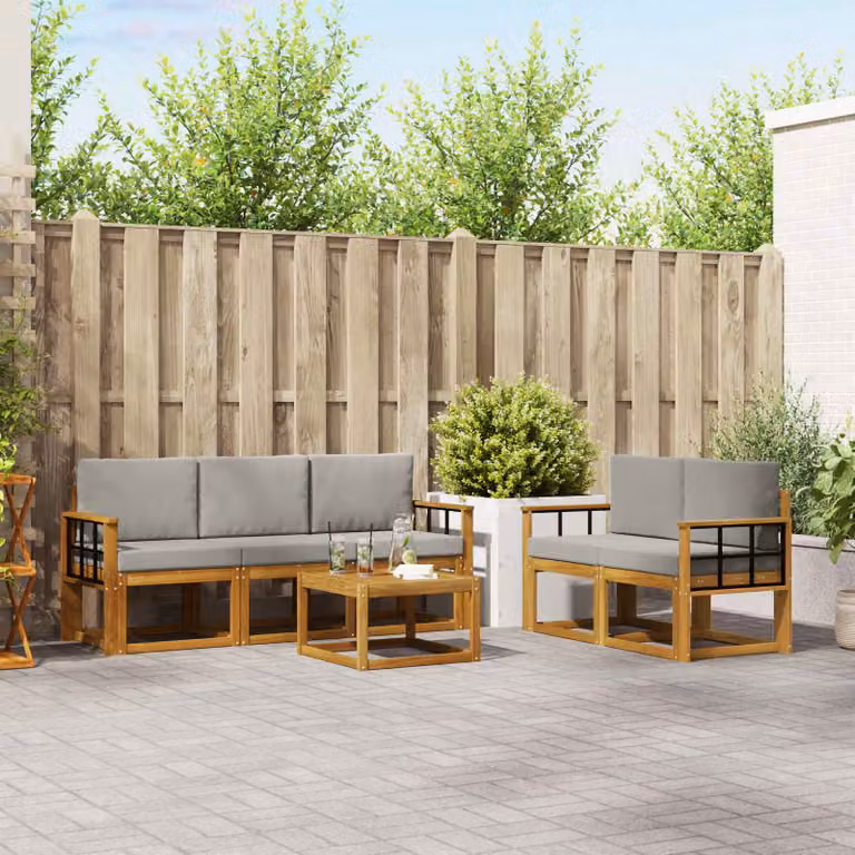 Set di divani da esterno moderno vidaXL in legno di acacia con cuscini in poliestere, Grigio e Marrone