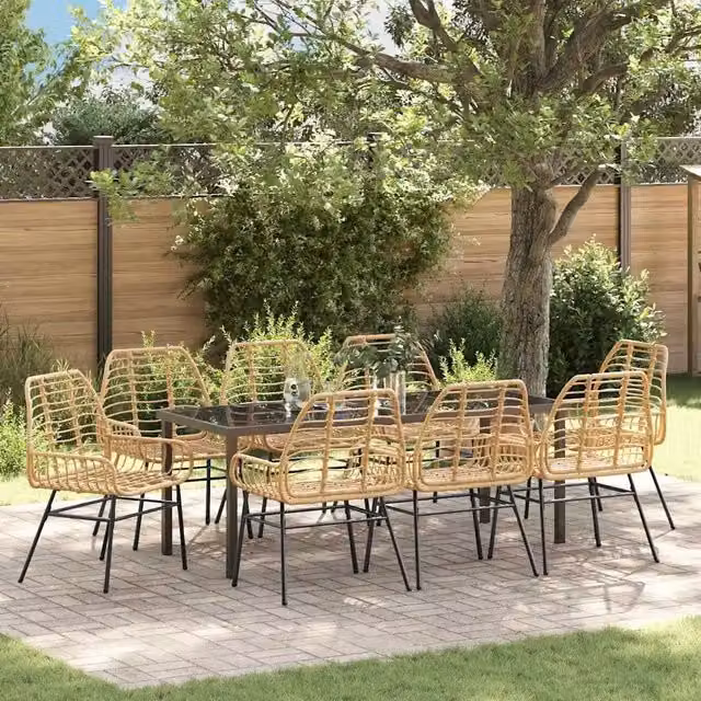 Set da pranzo da giardino moderno vidaXL in polyrattan marrone con tavolo in vetro, 9 pezzi