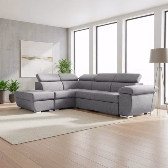 Divano Letto Angolare Tezeta con Penisola Sinistra, Poggiatesta Regolabile e Pouf Contenitore, Grigio, L 264 x P 91 x H 45 cm, Materasso 120 x 200 cm – 1