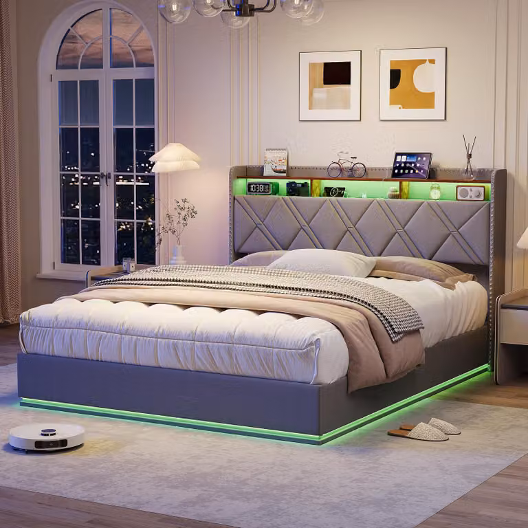 Letto imbottito 140x200 cm con spazio contenitore a sollevamento idraulico, testiera contenitore, illuminazione LED, porte USB e Type-C, rete a doghe, rivestito in lino grigio, senza materasso