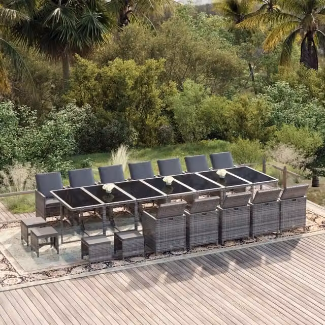 Set da pranzo da giardino vidaXL in polyrattan con cuscini e tavolo in vetro, 21 pezzi, grigio e nero – 1
