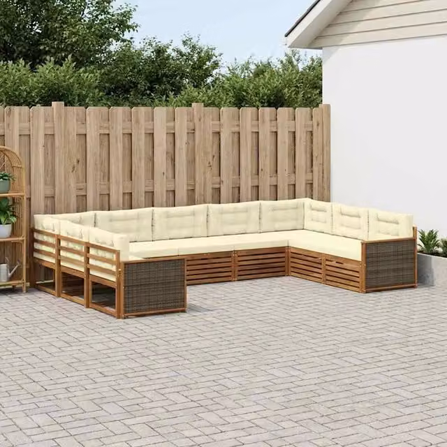 Set di divani da esterno a L vidaXL in legno di acacia con cuscini beige e bianchi – 1