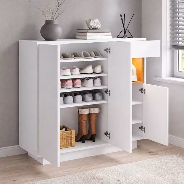 Scarpiera moderna bianca con illuminazione integrata e ante soft-close, L: 100.5 cm, P: 39.5 cm, H: 39.5 cm