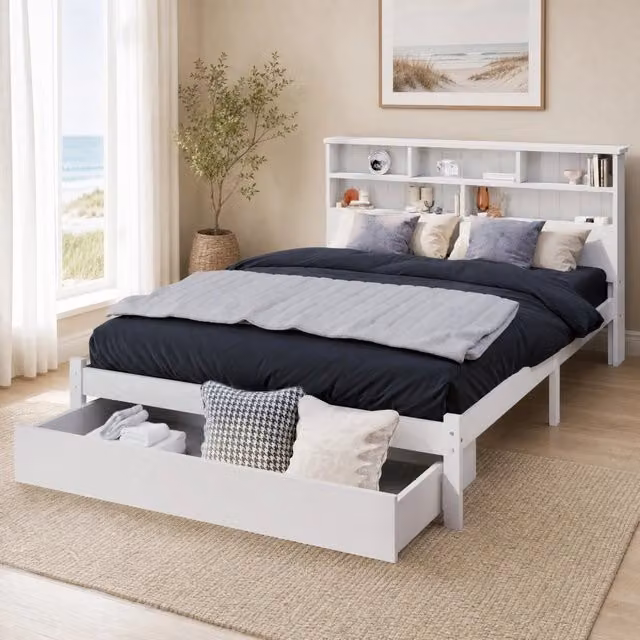 Letto matrimoniale con cassetti 140 × 200 cm in legno bianco con testiera libreria e rete a doghe