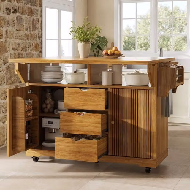 Carrello da cucina con 3 cassetti, ripiani regolabili, piano allungabile e rotelle con freno, in MDF, marrone scuro