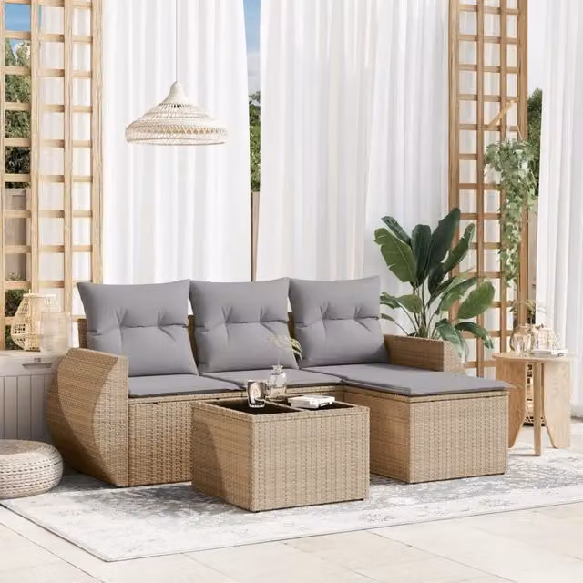 Set Divano da Giardino 5 pz con Cuscini-Sofa da Giardino-Divanetto da esterno Beige in Polyrattan 354418