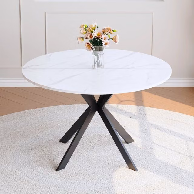 Tavolo da pranzo rotondo MIVRAY con piano in MDF effetto marmo bianco lucido e struttura a X in metallo nero