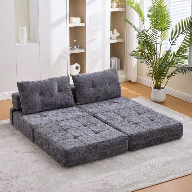 Divano letto pieghevole compatto OKWISH in ciniglia grigia con cuscini per testa, zona lombare e schienale per il tuo soggiorno