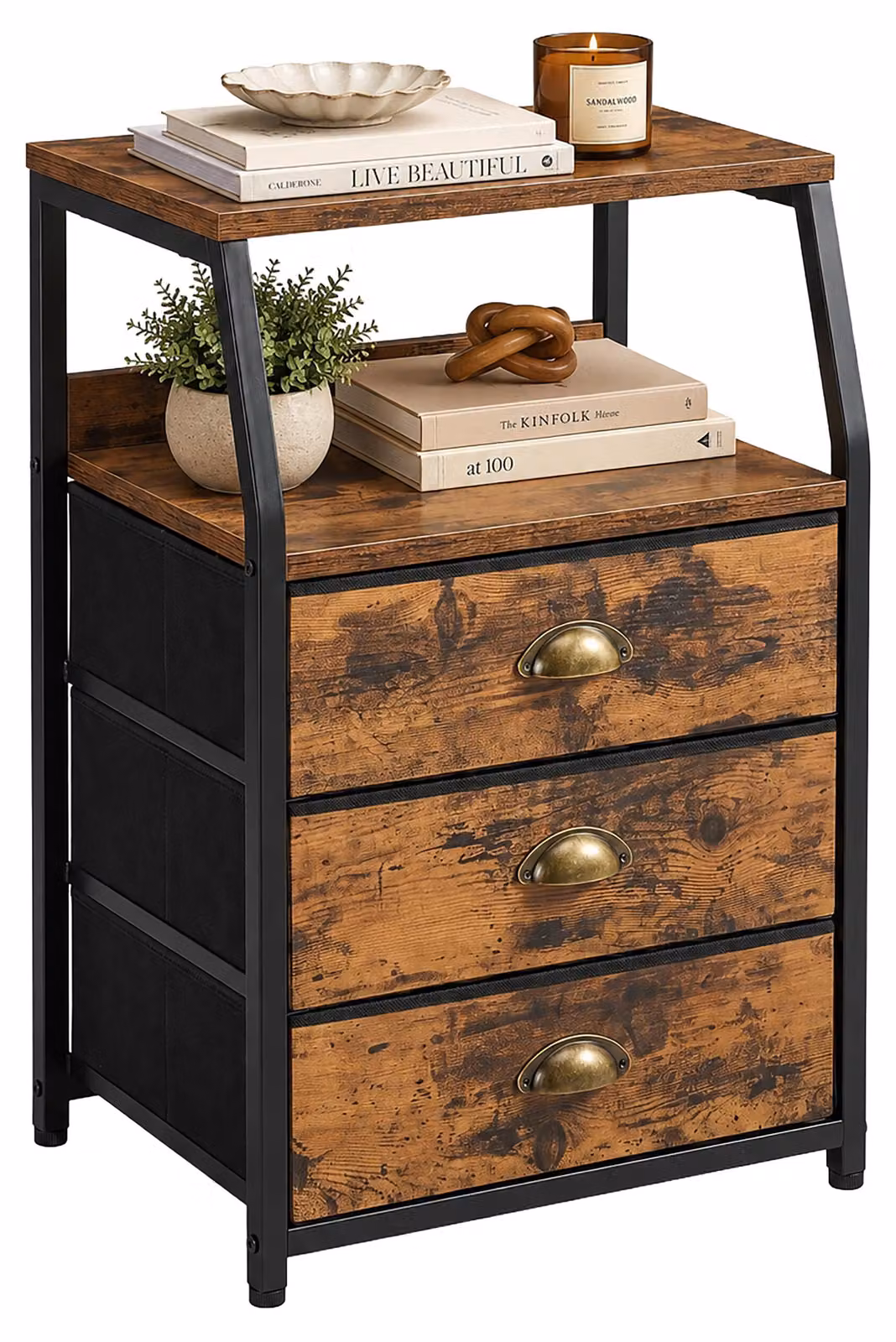 Comodino Relaxdays, dimensioni: 72 x 40 x 29 cm, 3 cassetti in tessuto, metallo, MDF, ideale per ingresso o camera da letto, comodino in tessuto, colore marrone/nero