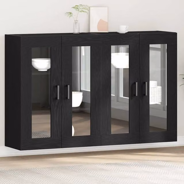 Set di 2 armadi da parete moderni vidaXL con ante in vetro e ripiani interni, colore nero opaco, L/P/H: 69,5 x 34 x 90 cm