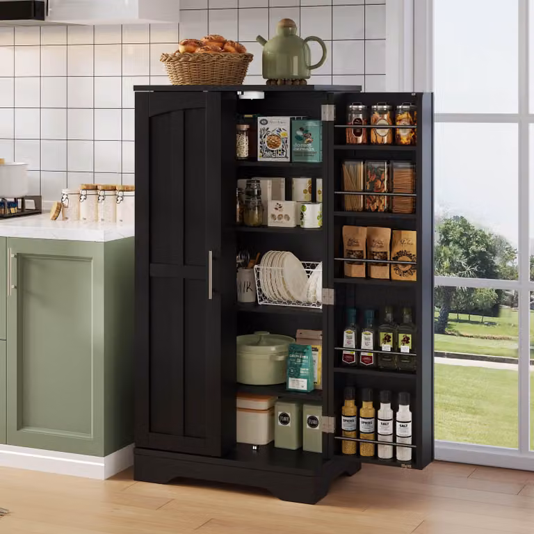 Mobiletto da cucina STILVORA con ripiani regolabili e mensole sulla porta. Armadietto contenitore con luce a LED a sensore, mobiletto a due ante per cucina e sala da pranzo, colore nero