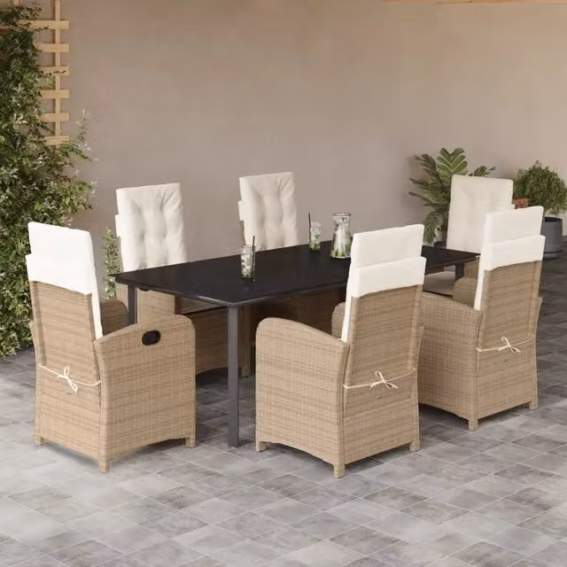 Set da pranzo da giardino vidaXL in polyrattan con cuscini beige e tavolo in vetro, 7 pezzi