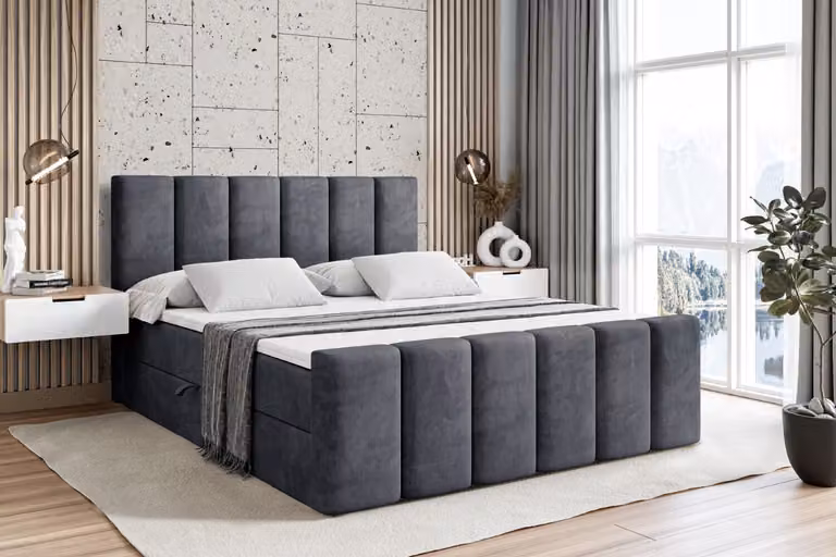 Letto boxspring ALTDECOR con pediera, materasso H3 e topper - 120x200 cm - BOXI1-Z - Velluto grigio scuro - Letto imbottito con contenitore e rete a doghe, letto con spazio contenitivo