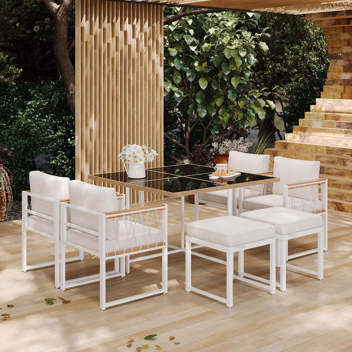 okwish Set da giardino, Mobili da giardino, Set per balcone, Set da pranzo da 7 pezzi e sedie per 6 persone, PE-rattan con cuscini per seduta e schienale, Colore legno + Bianco