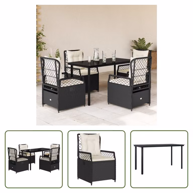 The Living Store Set da pranzo da giardino 5 pezzi con cuscini in poly rattan nero