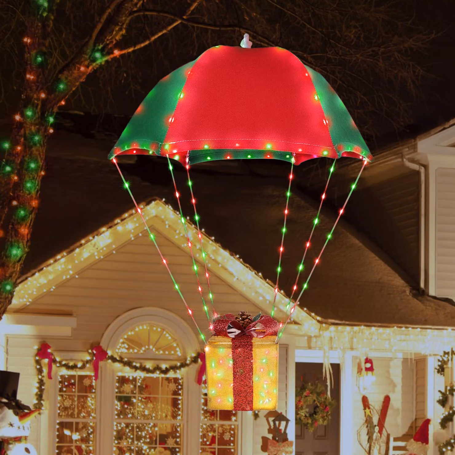 Catena luminosa a LED a forma di paracadute, confezione regalo, 85 cm, 180 LED, rosso e verde