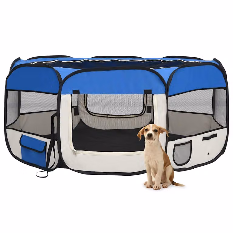 vidaXL Box per Cani Pieghevole con Borsa per Trasporto, Blu, L/P/H: 145 x 145 x 61 cm