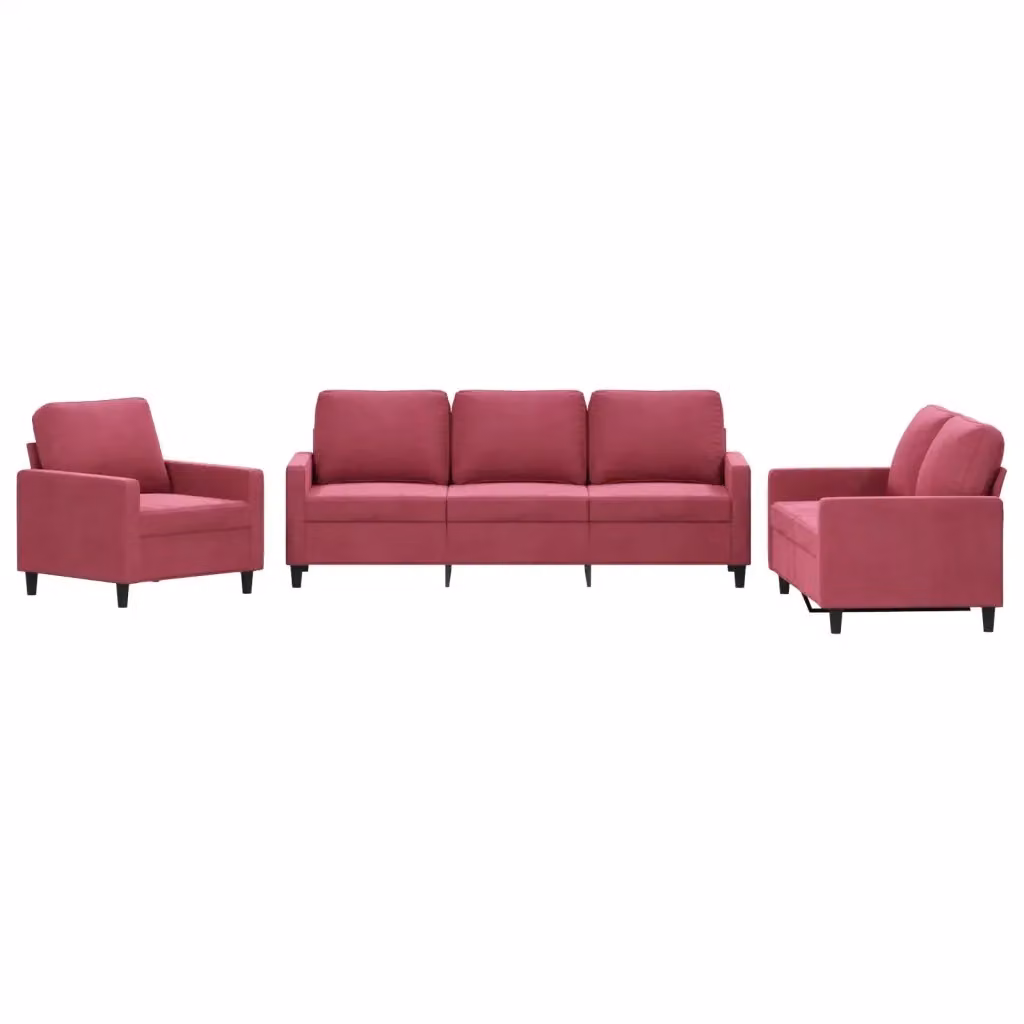 Set di divani vidaXL da 3 pezzi in velluto rosso con cuscini per soggiorno moderno – 2