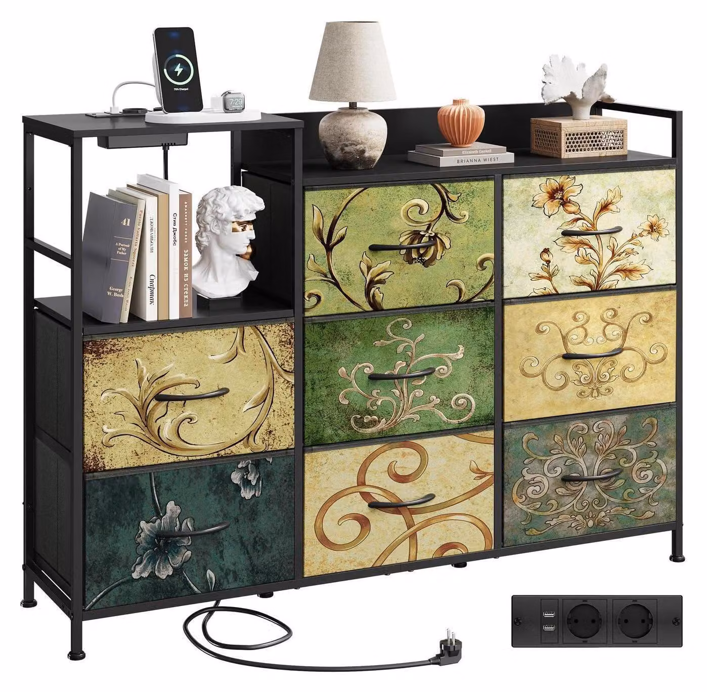 Comodino con 8 cassetti rivestiti in tessuto e prese di corrente, dimensioni 119,6 x 86,1 cm