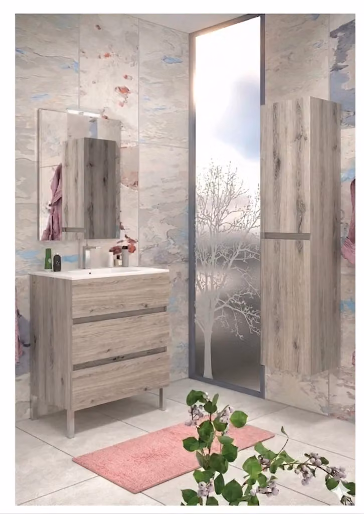 Mobile da Bagno Moderno Bali con Lavabo e Specchio con Illuminazione LED Giordanoshop Rovere Naturale L: 100 cm, P: 46,5 cm, H: 85 cm – 2