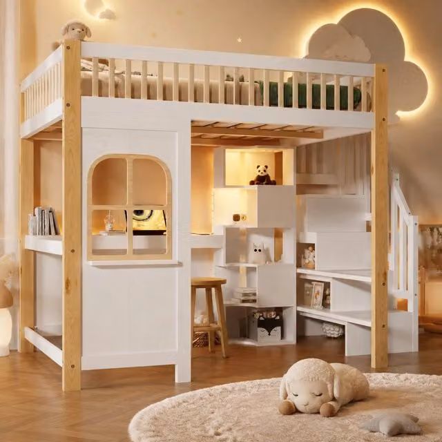 Letto a soppalco ULEVR 140x200 cm con scrivania, vani aperti, scala contenitore e LED, bianco e naturale