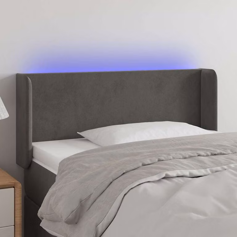 Testiera per letto vidaXL in velluto grigio scuro con illuminazione LED e porta USB, L 93 cm, P 16 cm, H 78-88 cm