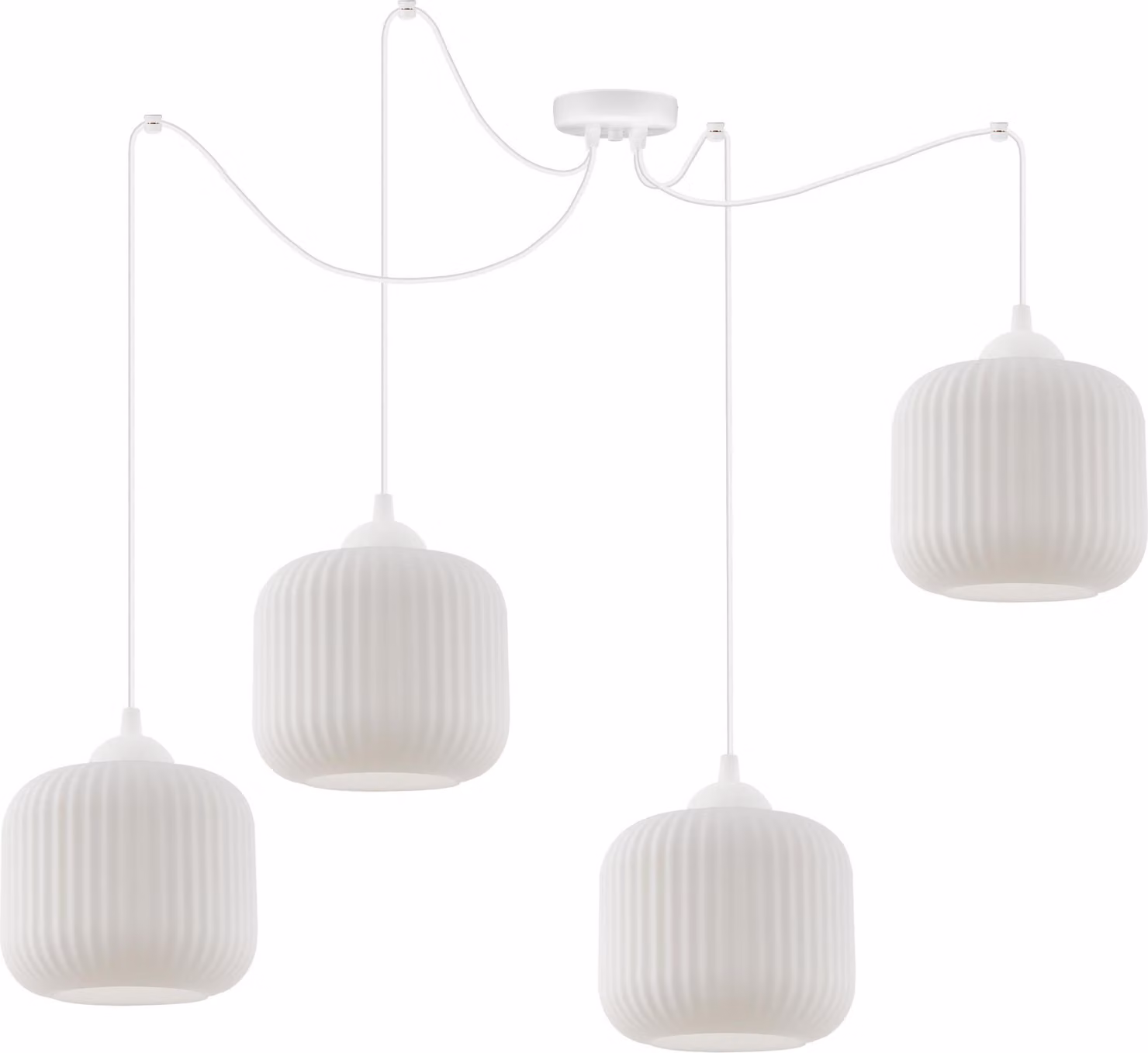 Lampada a sospensione Spider Riffle bianca a 4 luci con paralumi cilindrici bianchi E27