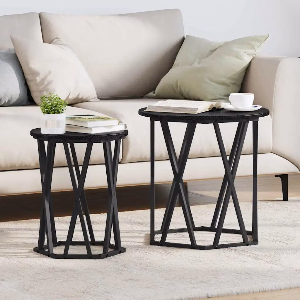Set di 2 tavolini da salotto moderni vidaXL in legno e metallo nero, forma rotonda, finitura opaca