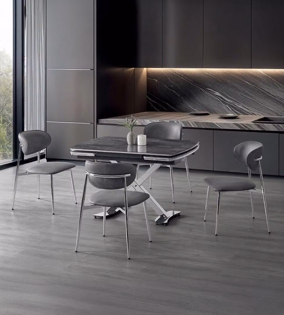 Set per sala da pranzo: tavolo da pranzo, 4 sedie, grigio, confortevole, moderno, allungabile