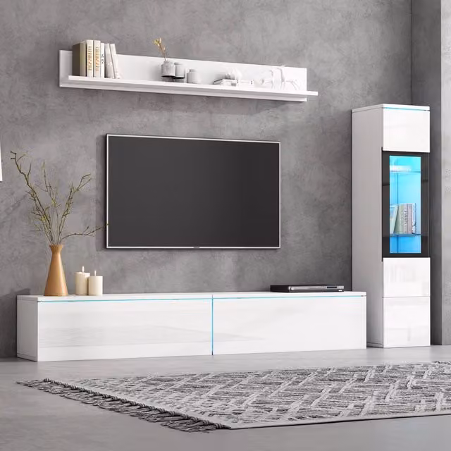 Set parete attrezzata soggiorno 3 pz con LED ¨C Minimal ¨C Bianco lucido, truciolato