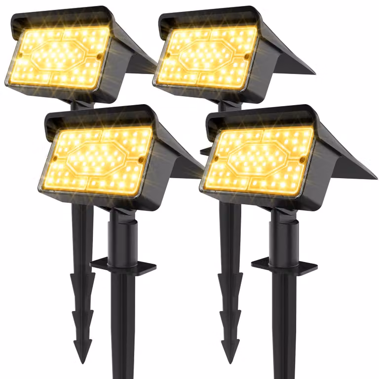 Set di 4 luci solari da esterno, con 60 LED, luce bianca calda, grado di protezione IP65, 3 modalità