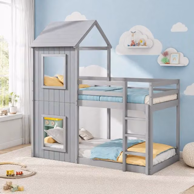 Letto a castello per bambini REDOM in pino laccato grigio L 90 cm x P 200 cm
