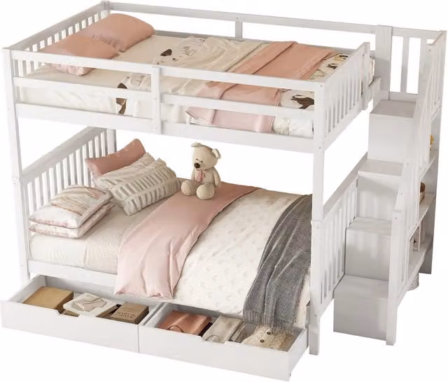 Letto a Castello per Bambini con Scala, Mensola e 2 Cassetti, Bianco, L/P: 140 x 200 cm