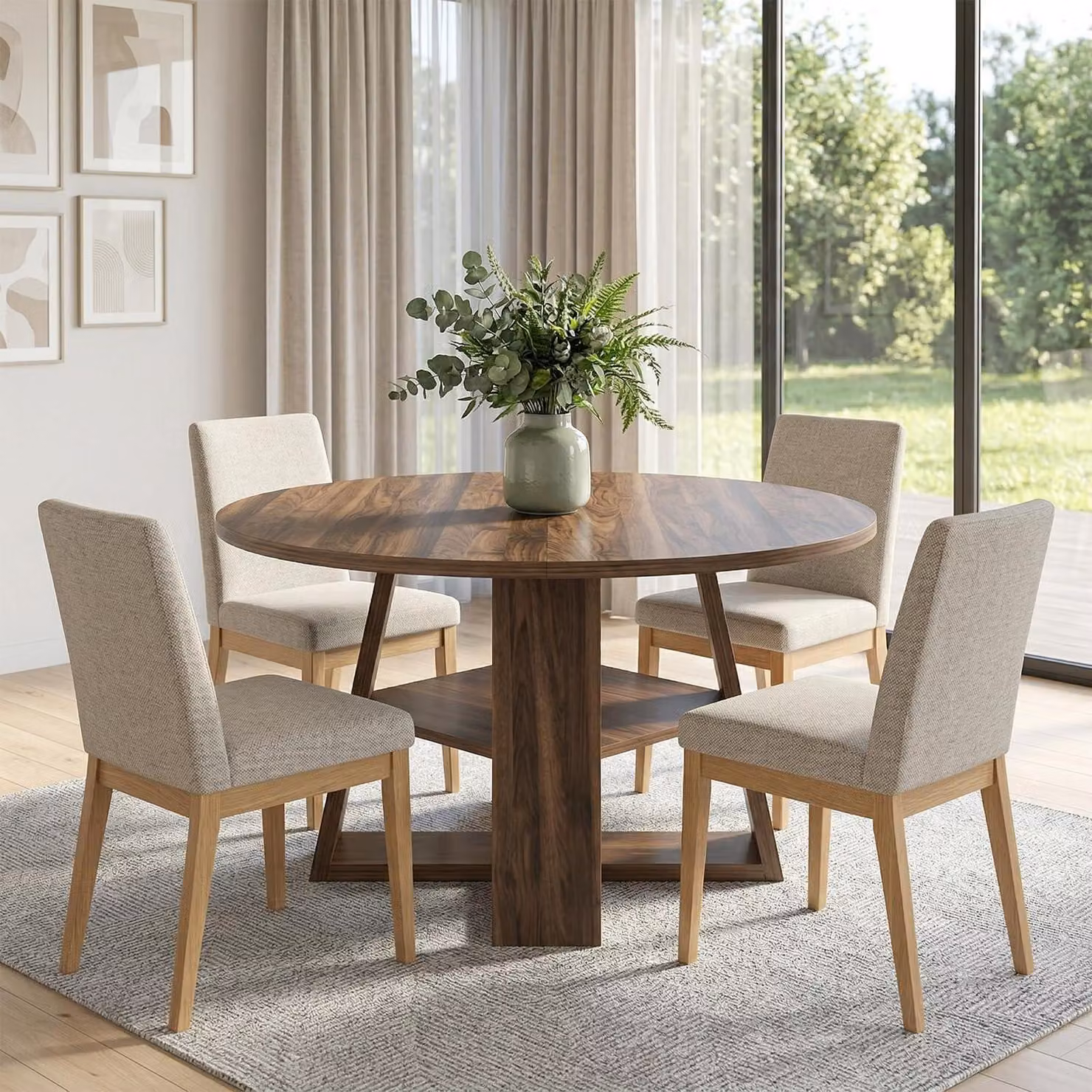 Tavolo da pranzo estendibile, rotondo che diventa ovale, in stile rustico, color marrone, per 4-6 persone, con spazio contenitivo