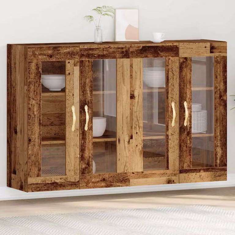 Set di 2 armadi da parete vidaXL in legno effetto antico marrone con ante in vetro e ripiani interni L/P/H: 69,5 x 34 x 90 cm