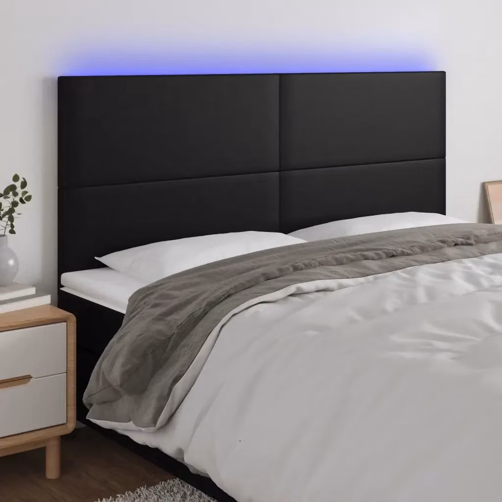 Testata del letto con illuminazione LED e porta USB in similpelle nera, L: 200 cm, P: 5 cm, H: 118/128 cm – 2