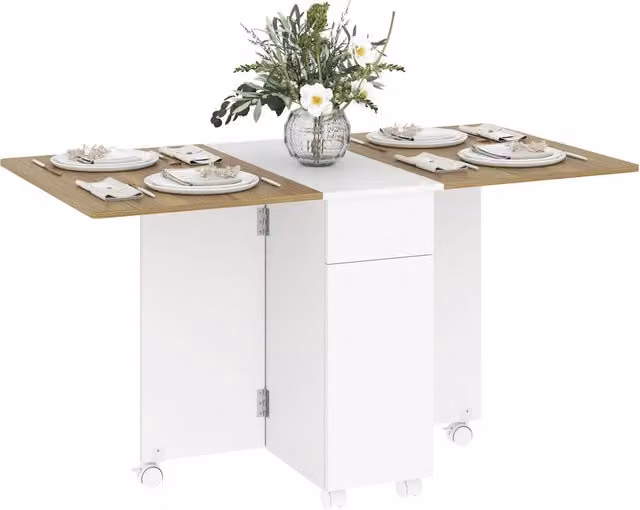 Tavolo Rettangolare Allungabile con Cassetti e Armadietto ¨C Minimal ¨C Bianco e Legno 140x76x74